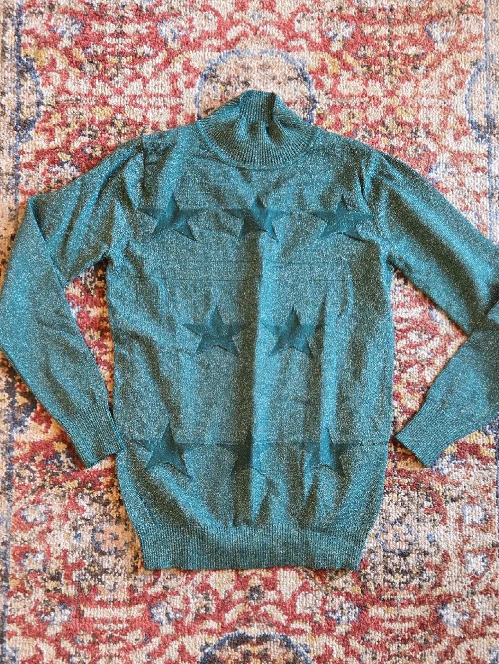 Yuna Fashion Teal Green Sparkle Star Mock Neck Sweater Small-Medium